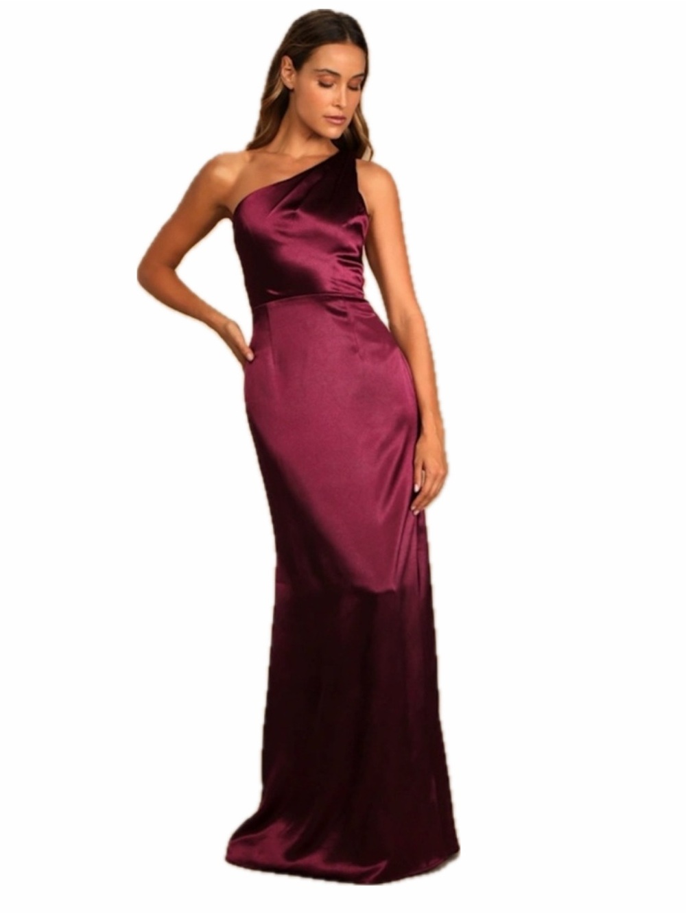 Lulu's One-Shoulder Satin Gown in burgundy. Timeless and Flattering!